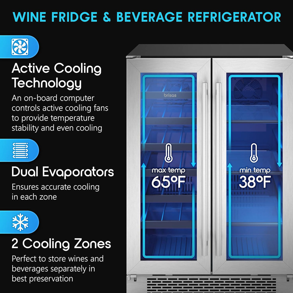Zephyr Brisas 24 Inch Wine Fridge Dual Zone Under Counter Countertop Wine and Beverage Cooler