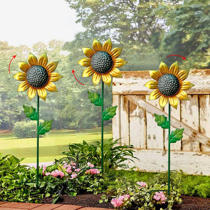 WAIU Metal Sunflower Flower Garden Stakes, Wind Catcher Spinner Garden Stakes, Garden Windmill