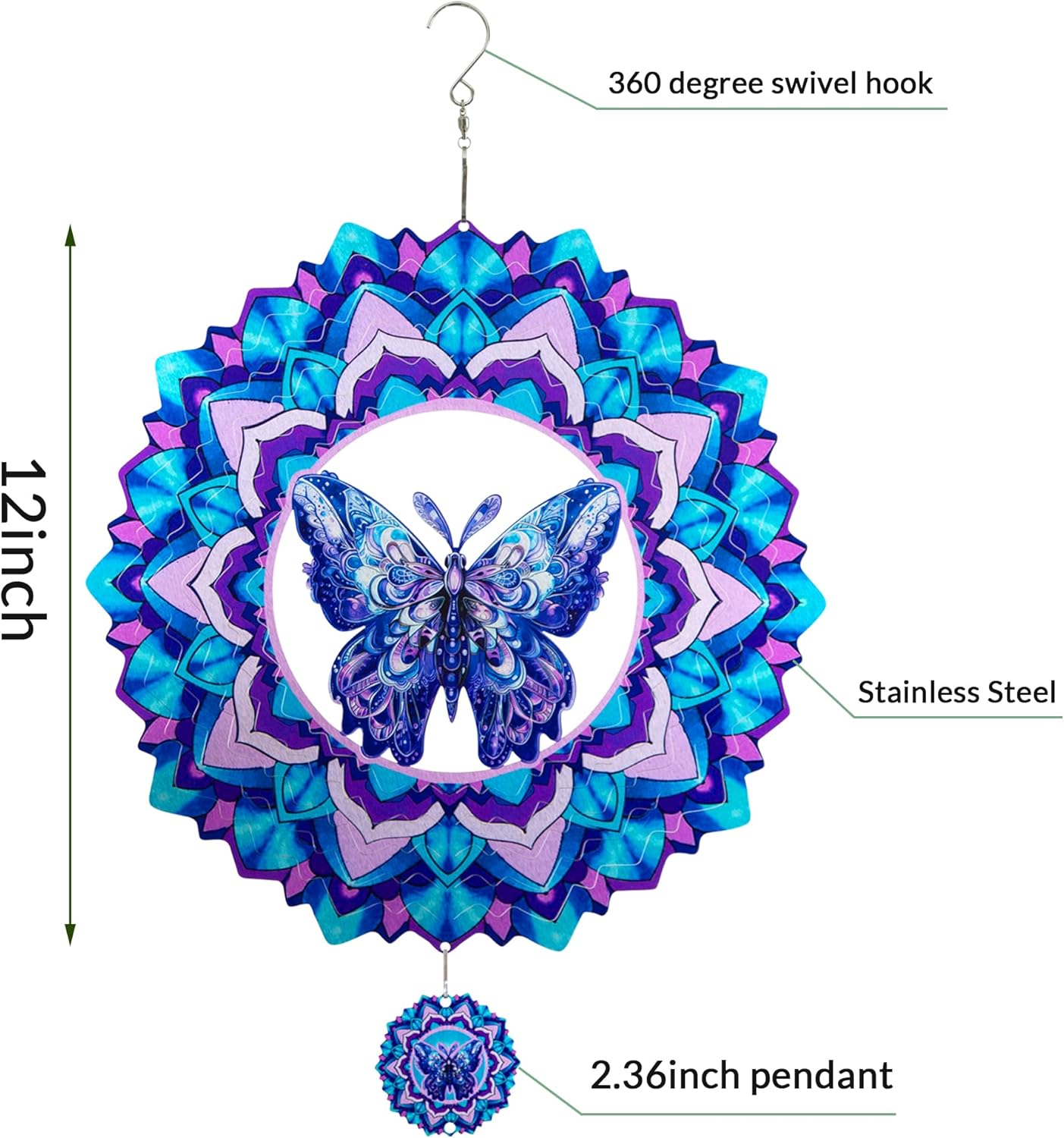 Butterfly Wind Spinner,Hanging Wind Spinners Outdoor for Garden Decoration，12 inch 3D Stainless