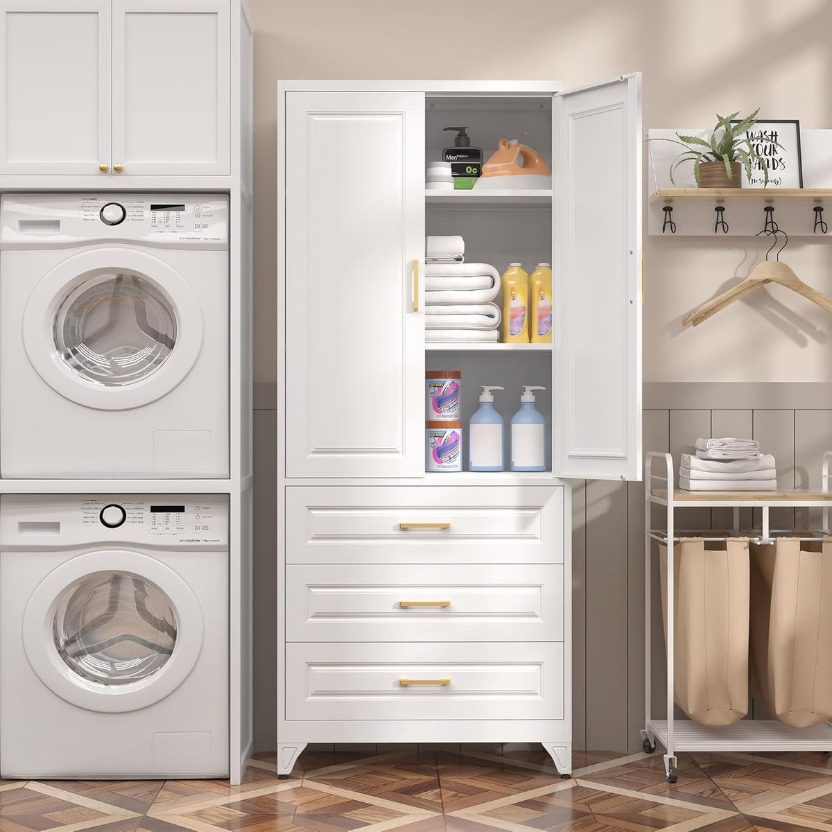 75" Kitchen Pantry Cabinet with 3 Drawer,Metal Storage Cabinets with Doors and 4 Adjustable