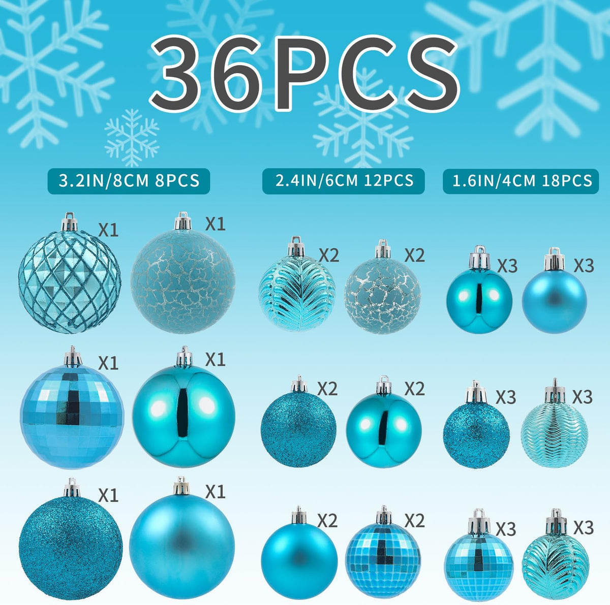 LANGXUN 36pcs Acid Blue Christmas Tree Decorations Balls, Bolas De Navidad, 2025 Christmas Decor