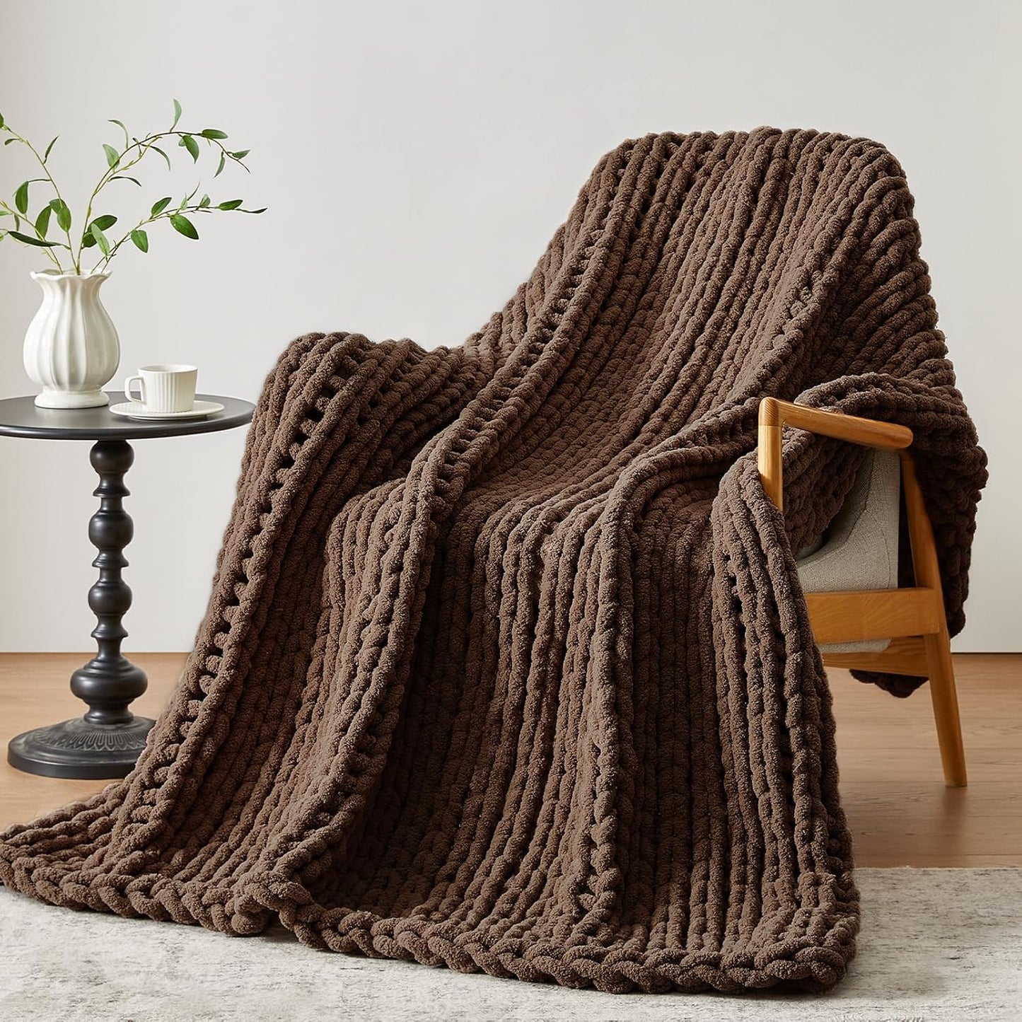 Chunky Knit Throw Blanket, 40''*50'' Knitted Throw Chenille Yarn for Bed Couch, Handmade Dark Brown