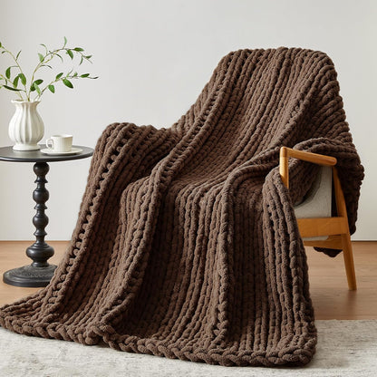 Chunky Knit Throw Blanket, 40''*50'' Knitted Throw Chenille Yarn for Bed Couch, Handmade Dark Brown