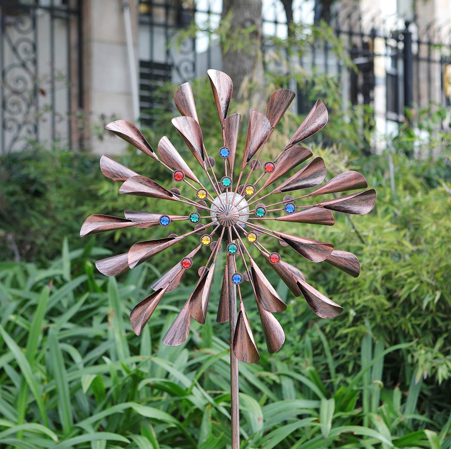 Large 79In Copper Kinetic Wind Spinner Multi-Color Seasonal LED Lighting Solar Powered Glass Ball