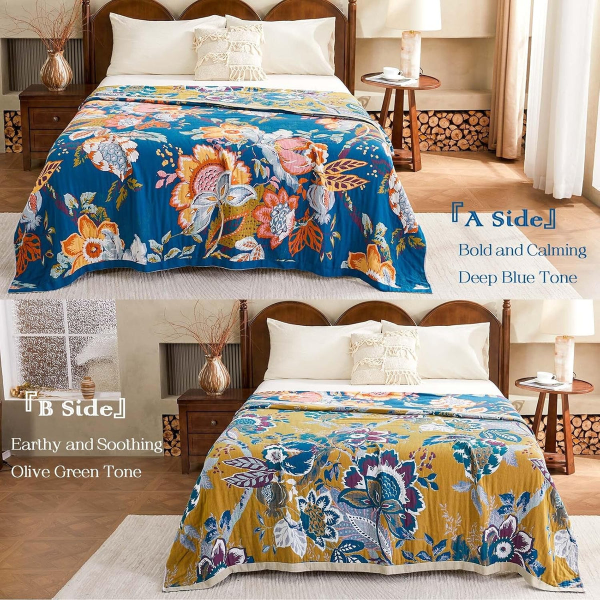Boho Throw Blanket, Blue Lightweight Blankets for Summer, 100% Cotton Bohemian Decorative Throw