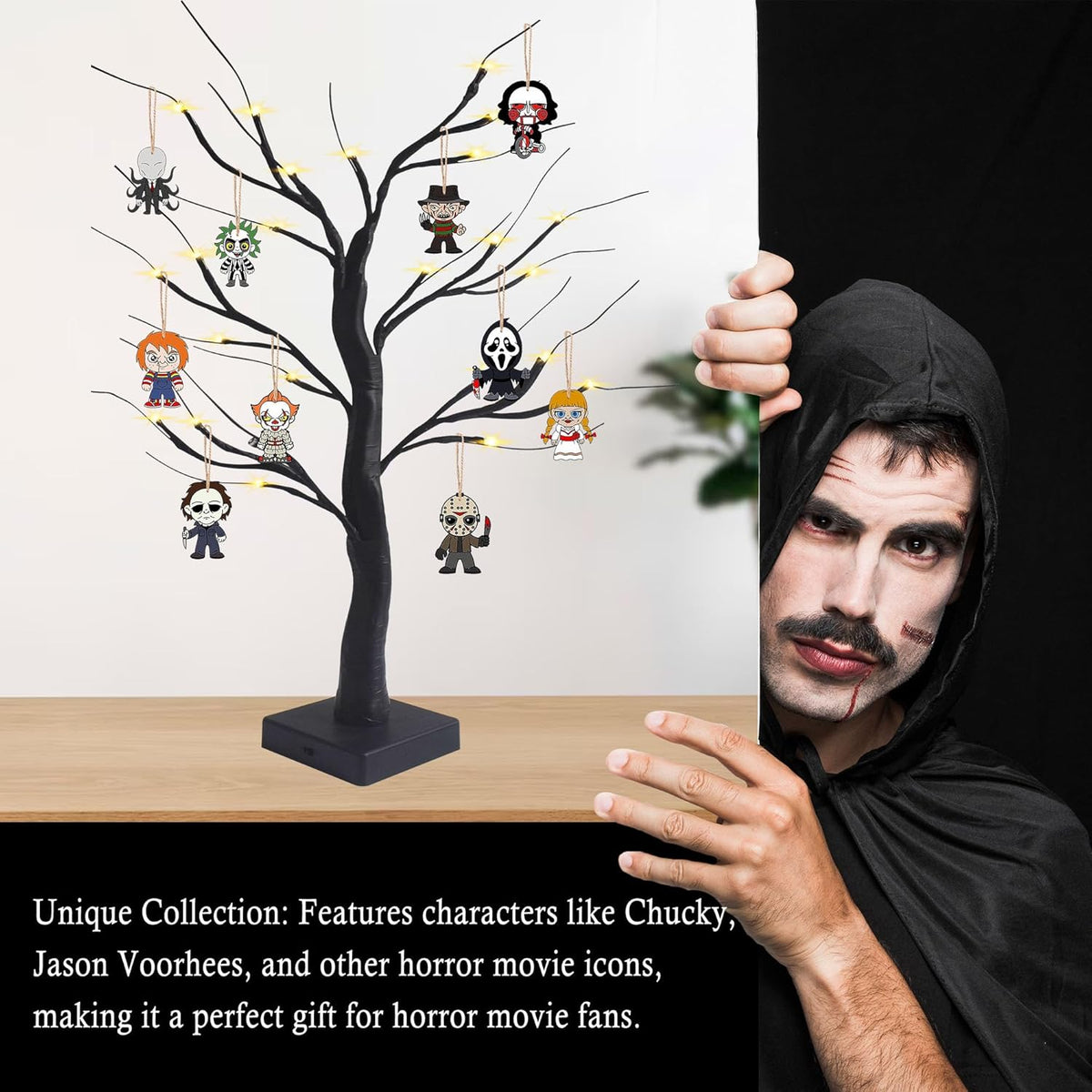 Black Halloween Tree with LED Lights and Spooky Wooden Hanging Ornaments Horror Movie Ornaments