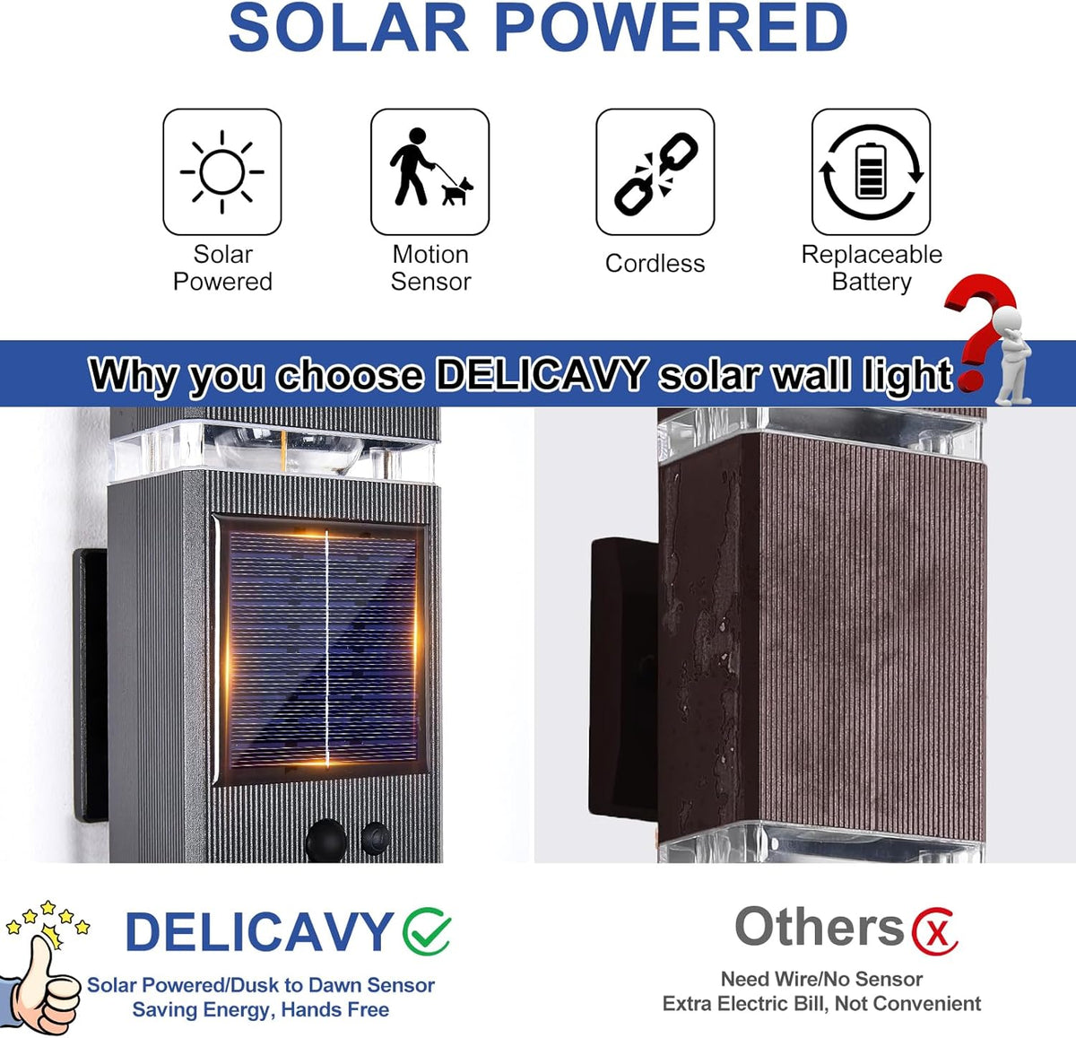 2 Pack Solar Outdoor Wall Lights with 3-Mode Motion Sensor Outside Sconces Up Down Solar Porch