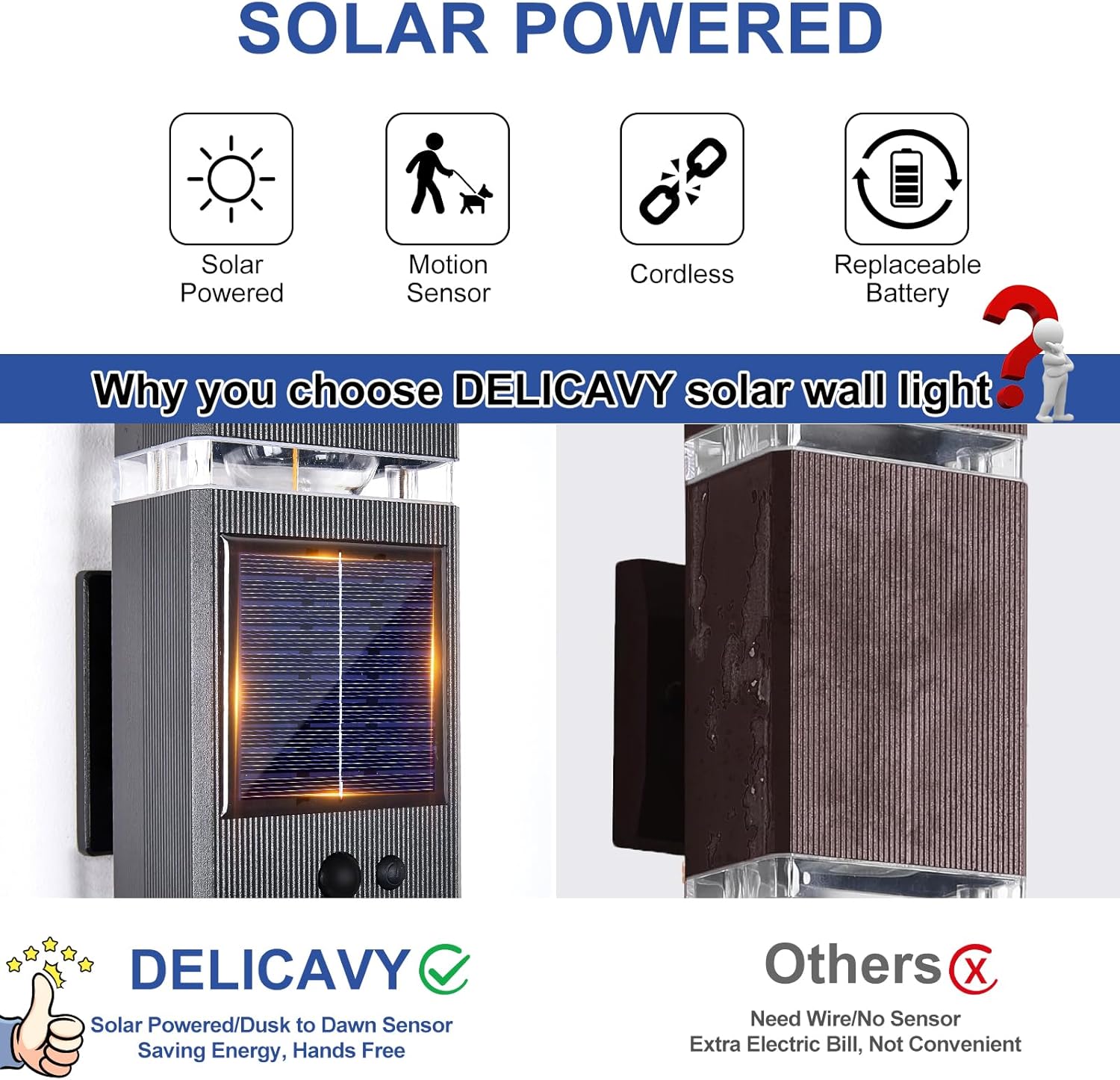 2 Pack Solar Outdoor Wall Lights with 3-Mode Motion Sensor Outside Sconces Up Down Solar Porch