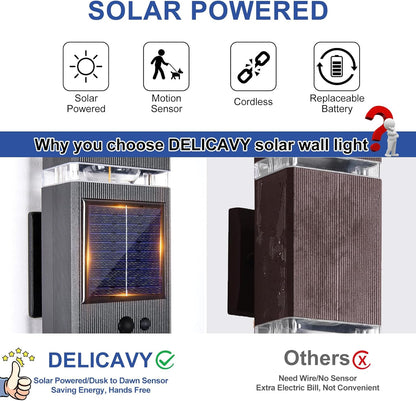 2 Pack Solar Outdoor Wall Lights with 3-Mode Motion Sensor Outside Sconces Up Down Solar Porch