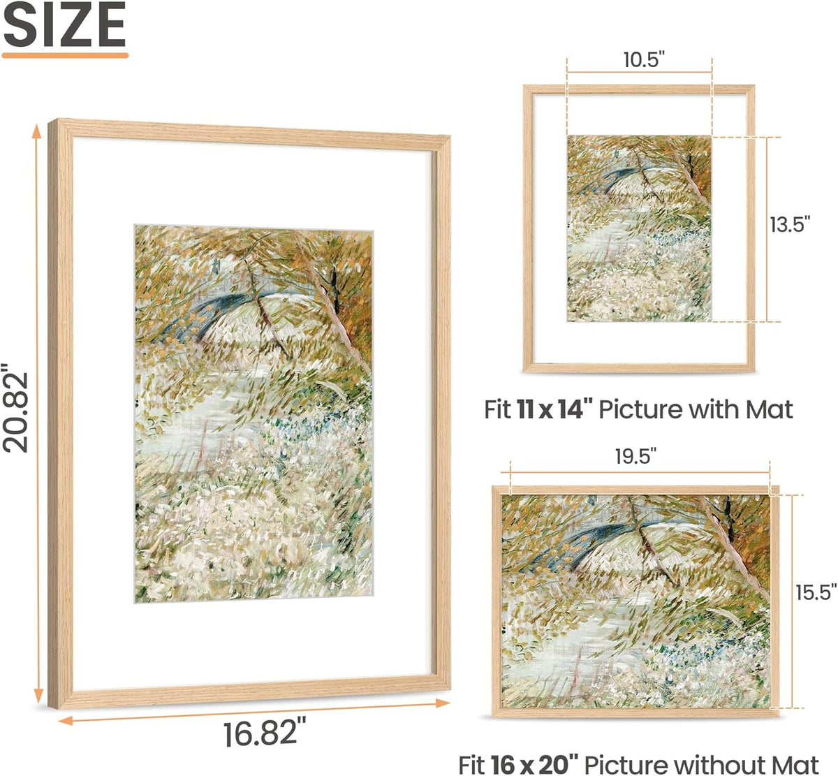 upsimples 16x20 Frames, Natural Solid Wooden Picture Frames, Display 11x14 with Mat or 16 x 20