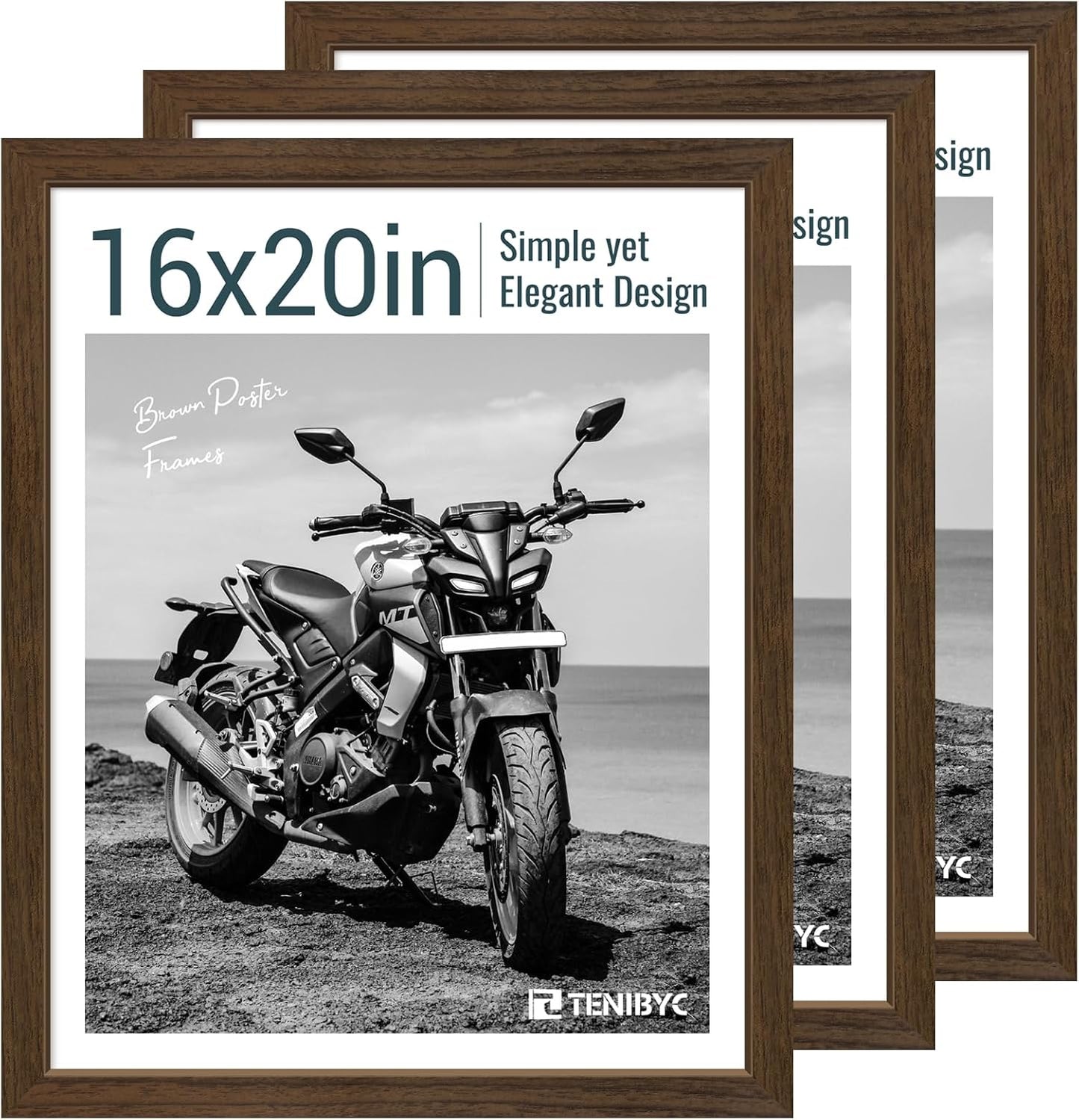 16x20 Picture Frame Set of 3 - Brown Woodgrain, Wood Poster Frame, HD Tempered Glass, Wall Gallery