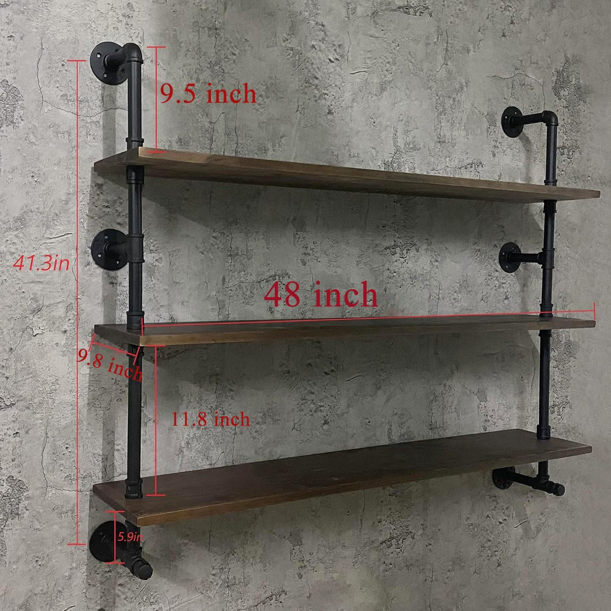 Industrial Pipe Wall Shelves Pipe Shelving with Real Wood Plank ,48 Inches Floating Shelves for
