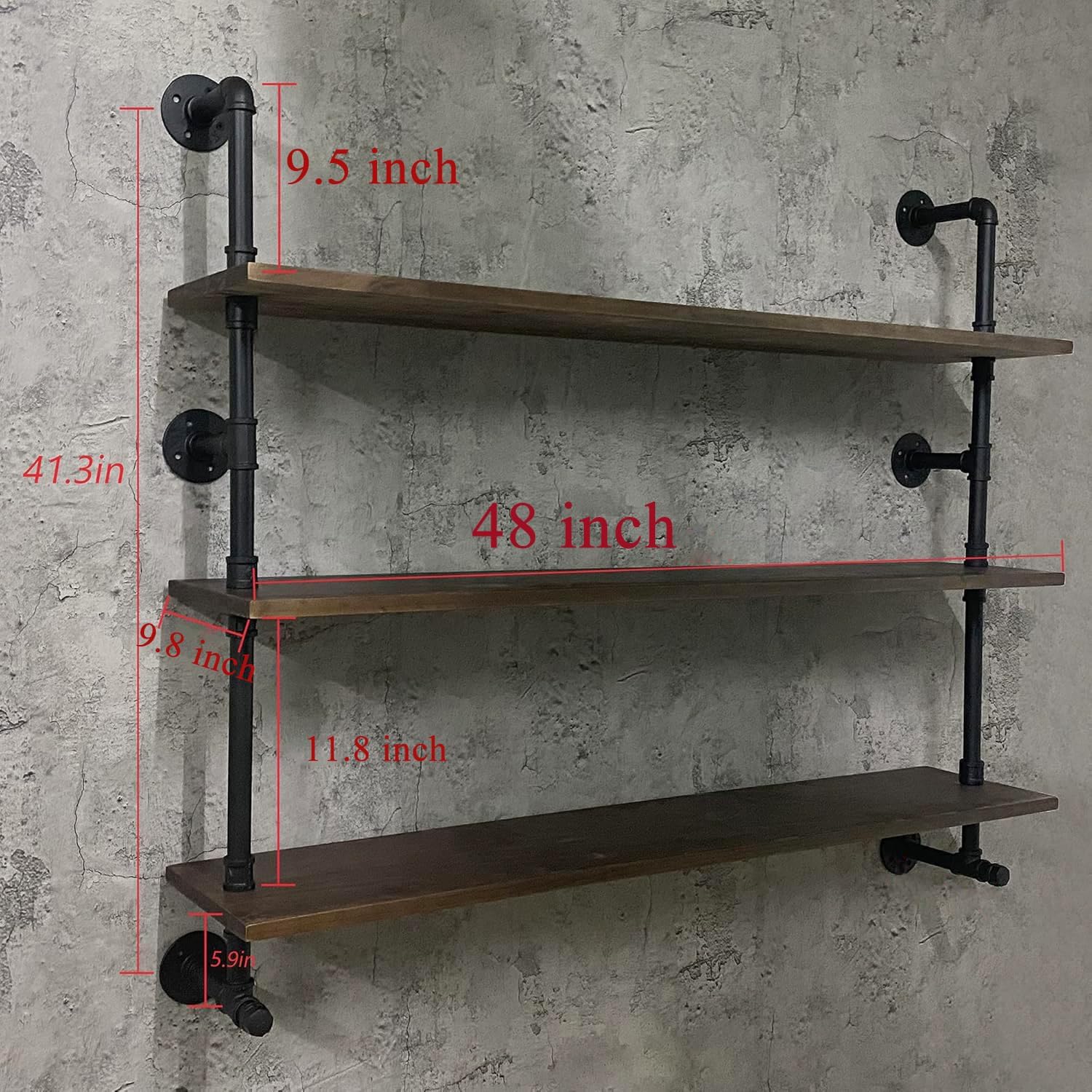 Industrial Pipe Wall Shelves Pipe Shelving with Real Wood Plank ,48 Inches Floating Shelves for
