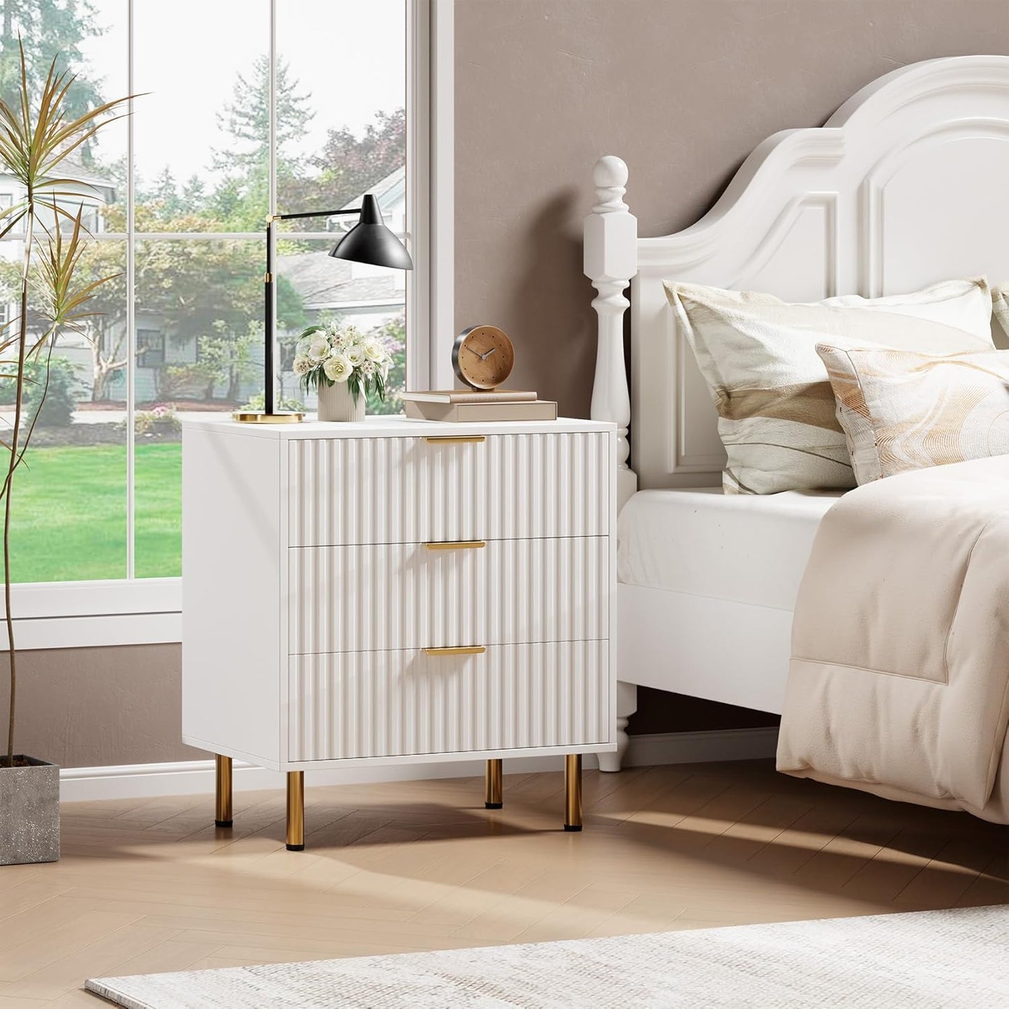 White 3 Drawer Dresser for Bedroom, Fluted Modern Nightstand with Deep Drawers, Chest of Drawers