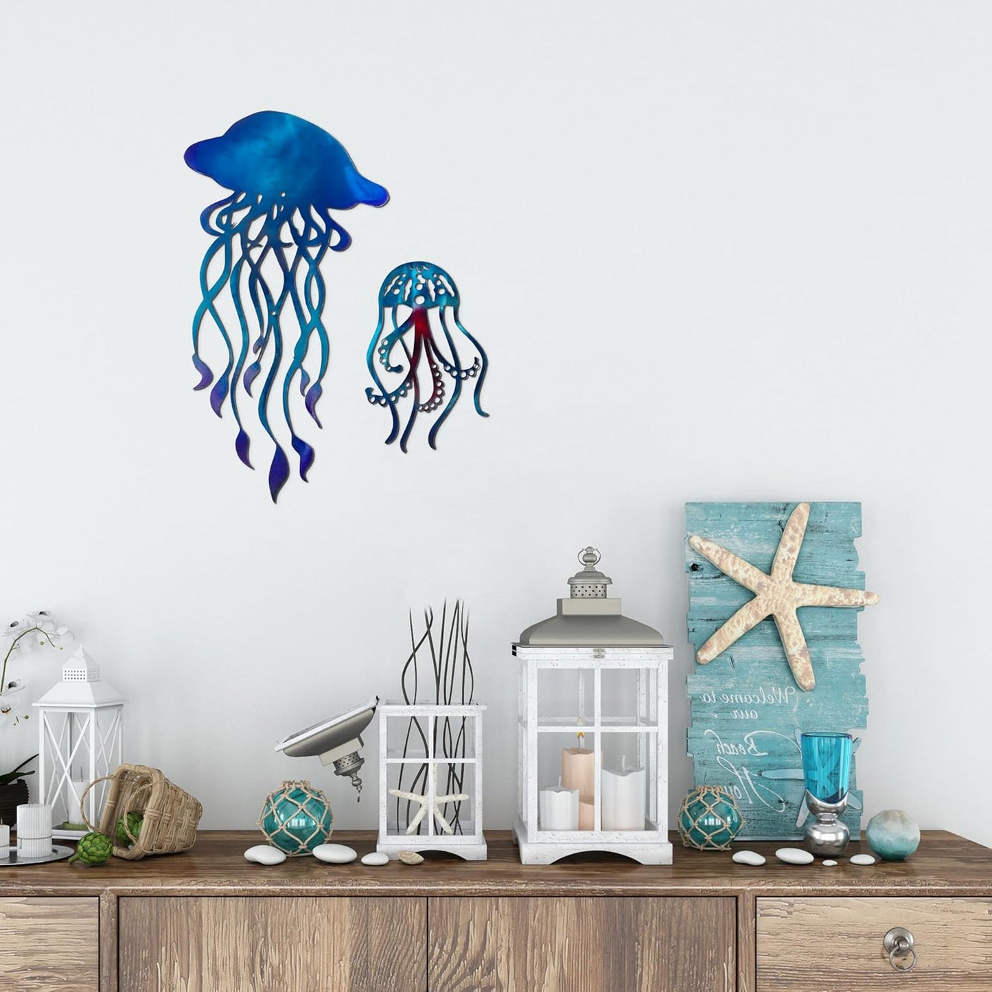 noxozoqm Metal Jellyfish Wall Decor (2 in 1), Ocean Themed Jellyfish Bathroom Decorations, Colorful