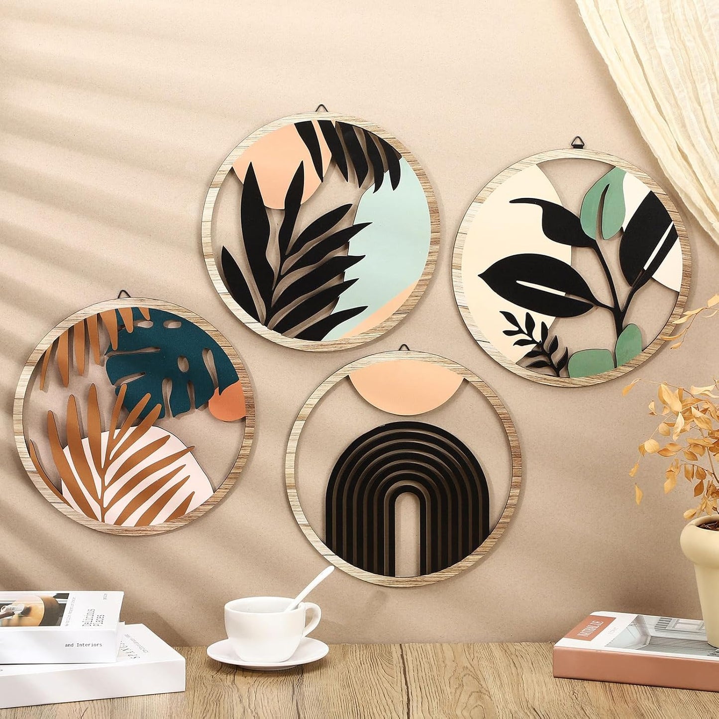 Qunclay 4 Pieces Boho Wall Art Wooden Bohemian Wall Decor Hanging Art Nursery Decor Farmhouse