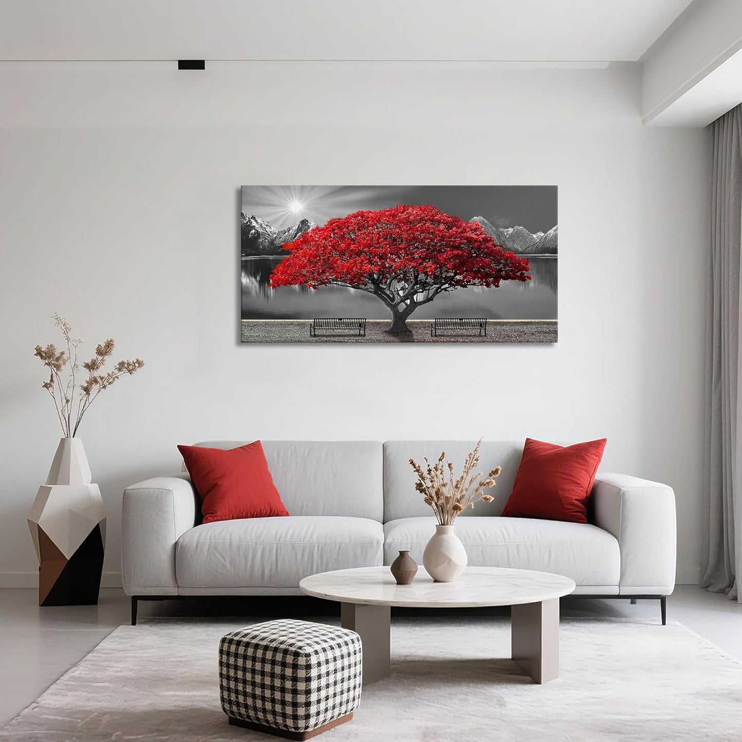 Black and White Red Tree Wall Art Canvas Print Picture Large Red Tree Landscape Modern Artwork for