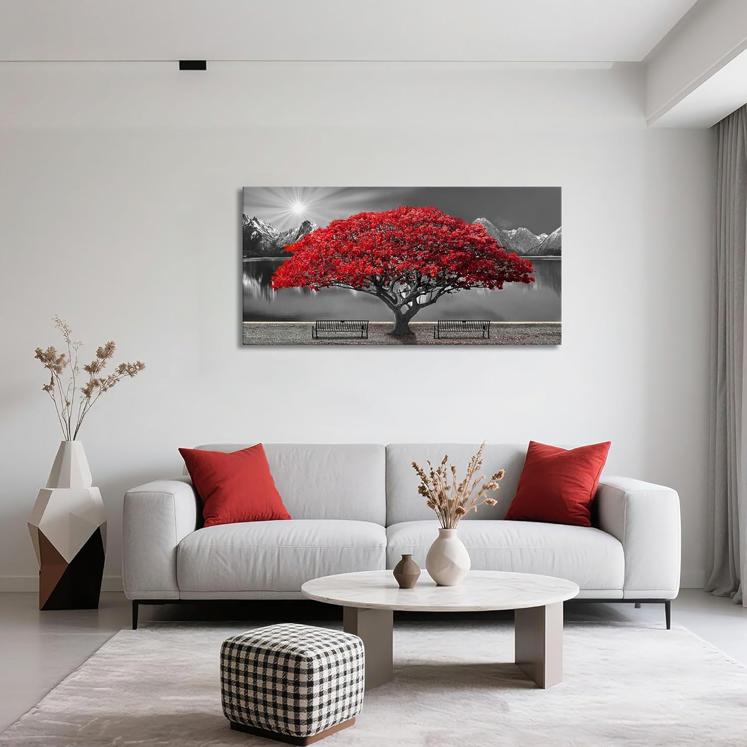 Black and White Red Tree Wall Art Canvas Print Picture Large Red Tree Landscape Modern Artwork for