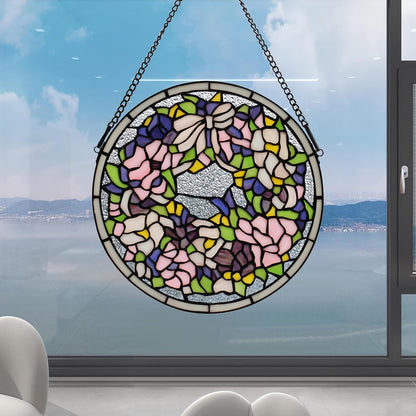Handcrafted Stained Glass Window Panel - 12-Inch Round Floral Design with Vibrant Colors, Elegant