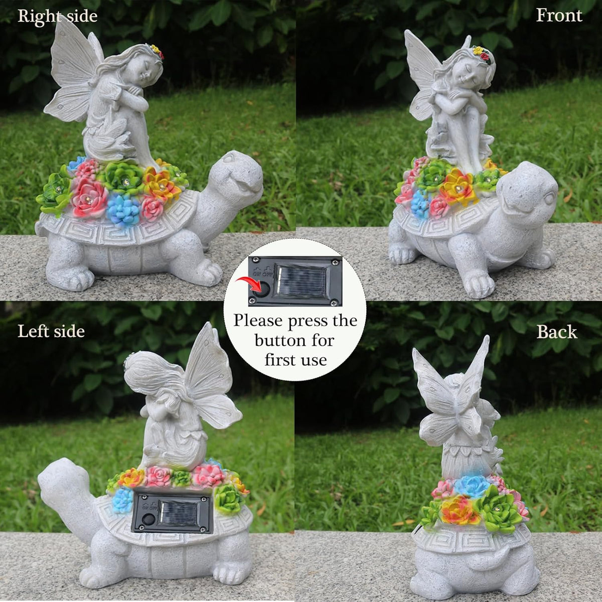Garden Statues Outdoor Decorations Solar Turtle Angels Decor with Succulents LED Lights Garden