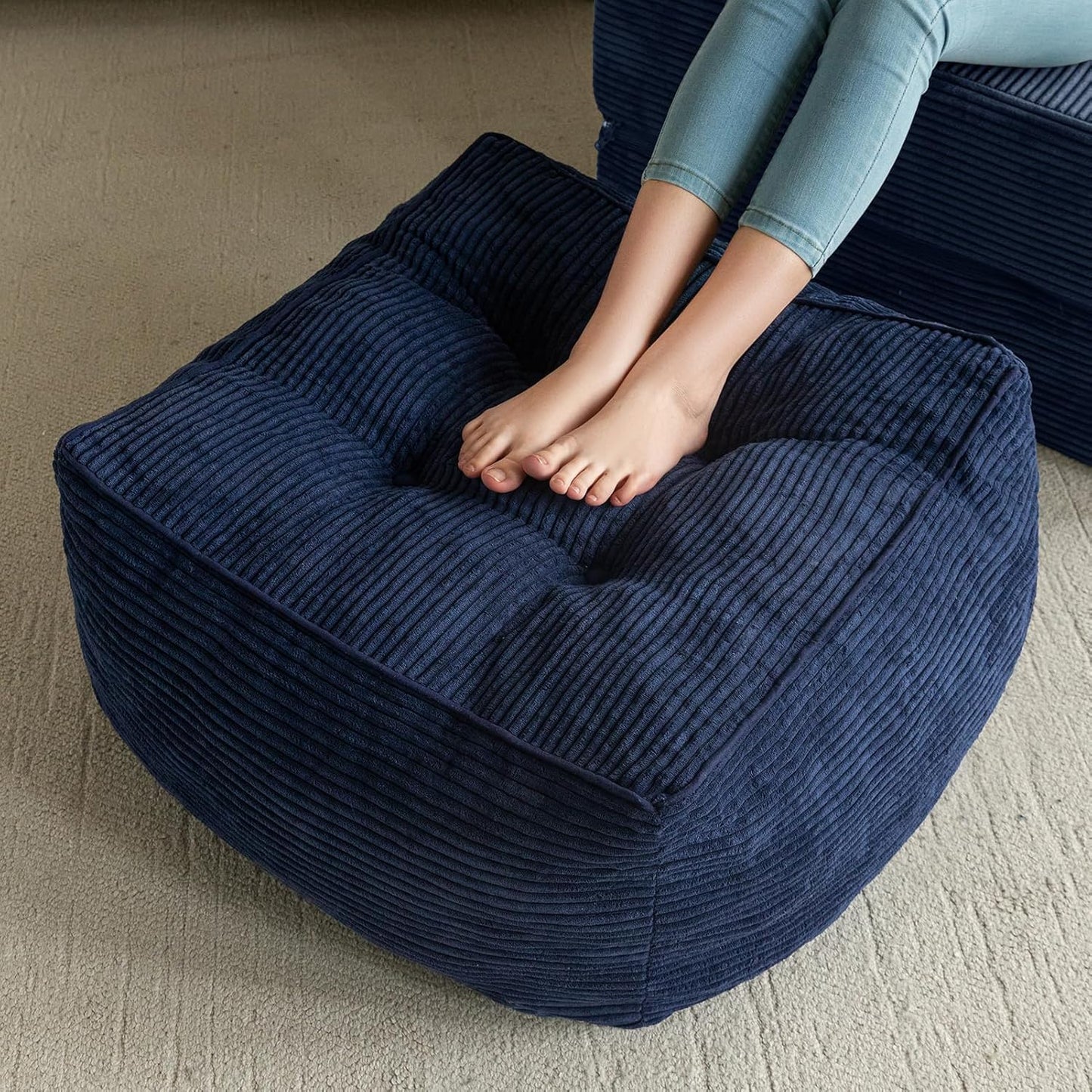 HIGOGOGO Square Stuffed Pouf Ottoman, Corduroy Poufs with Foam Chunk Filling, Furry and Fluffy Pouf