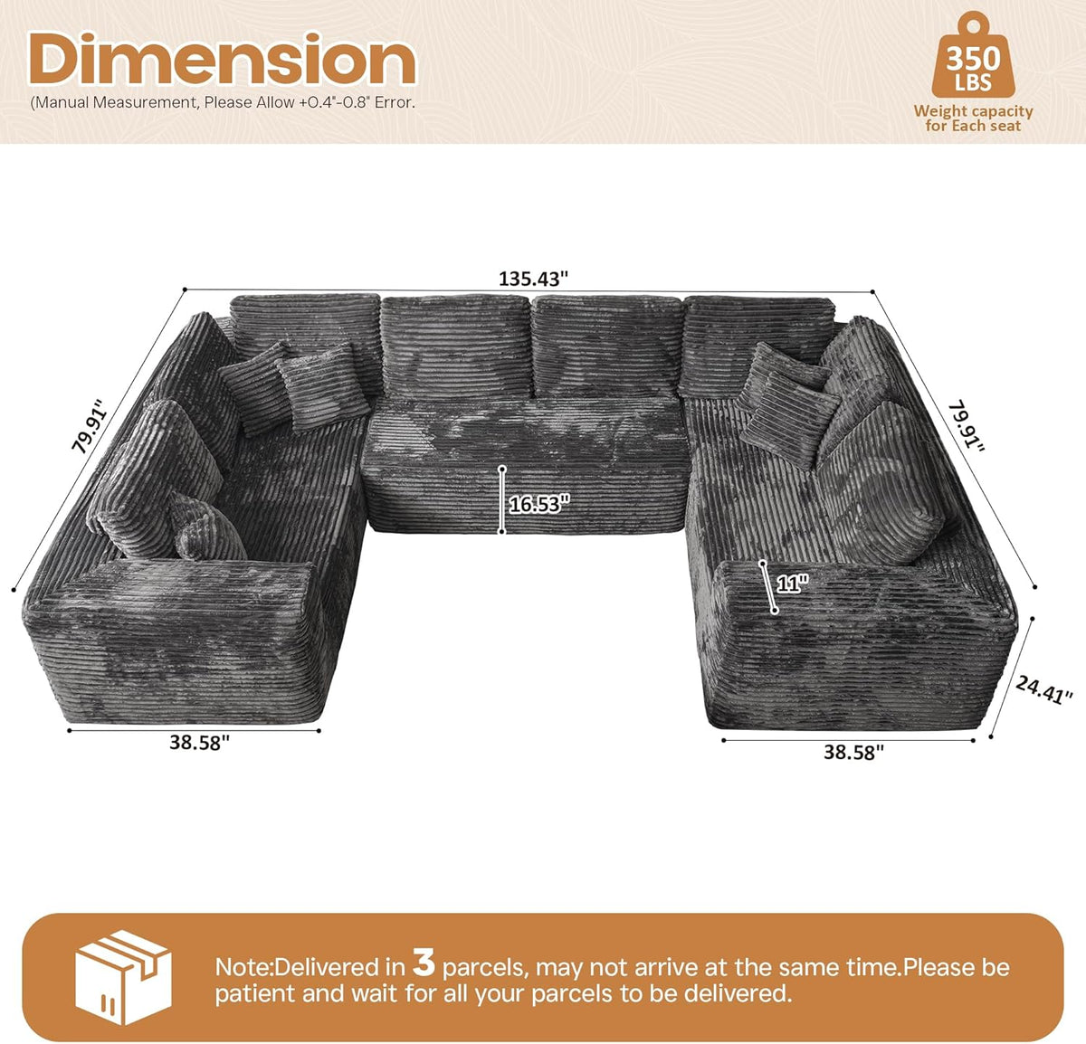 Cloud Sectional Couches for Living Room,U Shaped Modular Sofas No Assembly,135x79 Inches Plush