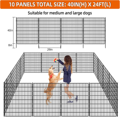 10 Panels No Dig Fence with Gate, 40 in(H) X 24 ft(L) Garden Decorative Fence Animal Barrier for