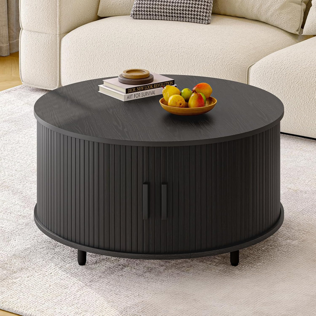 Round Coffee Table with Storage, 31.5" Modern Coffee Table with 360° Curved Sliding Door, Fluted