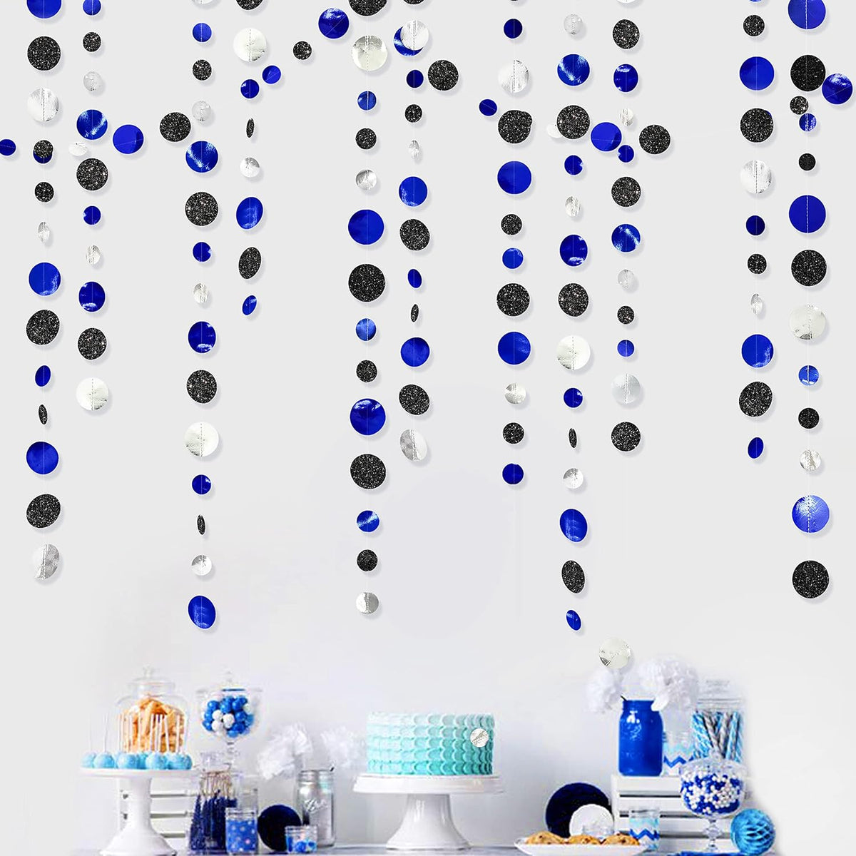 46Ft Navy Blue Black Silver Circle Dots Garland Royal Blue Black Polka Dots Streamer for Birthday