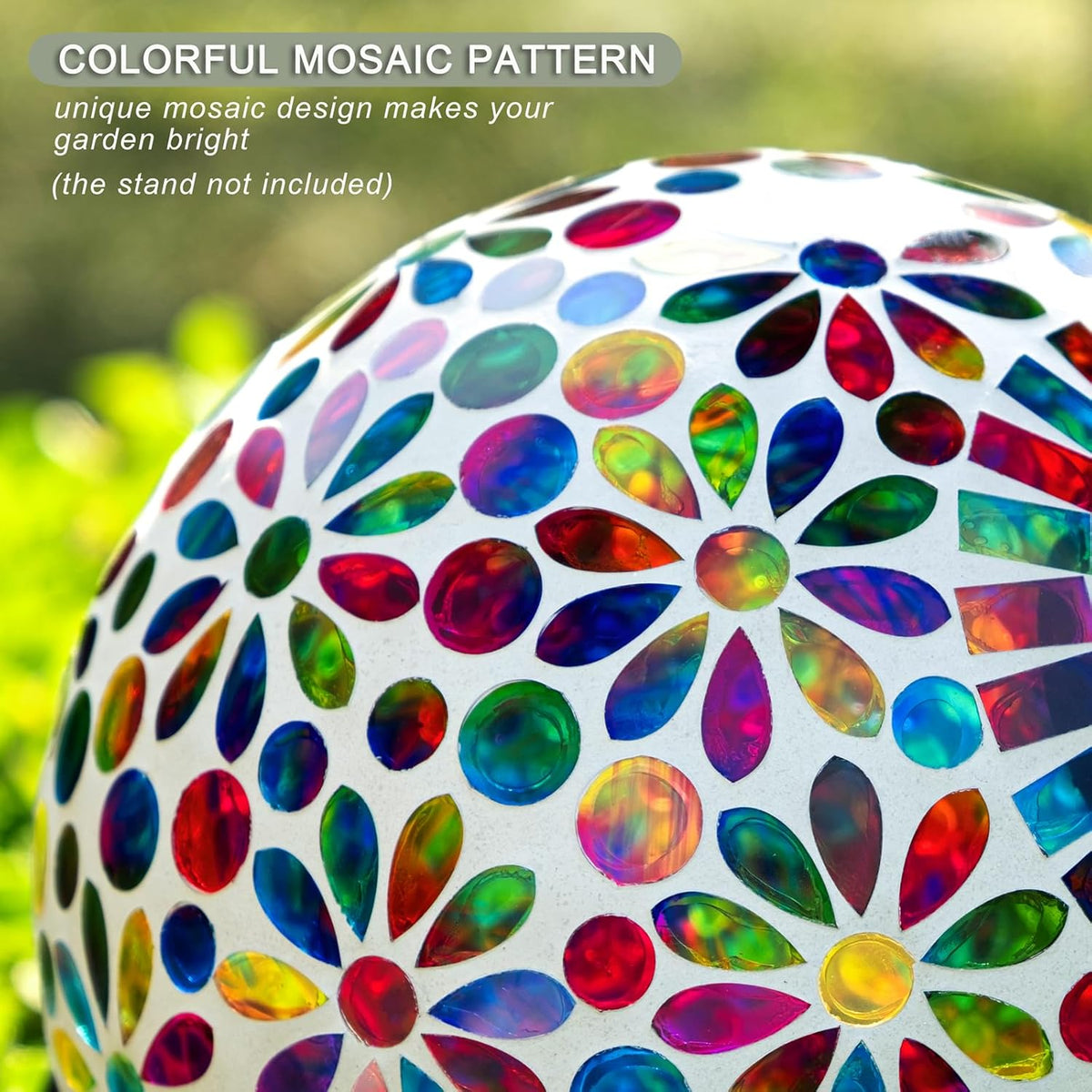 VOREEN 10" Mosaic Glass Gazing Ball with Solar Light, Outdoor Solar Gazing Globe, Handmade IP44