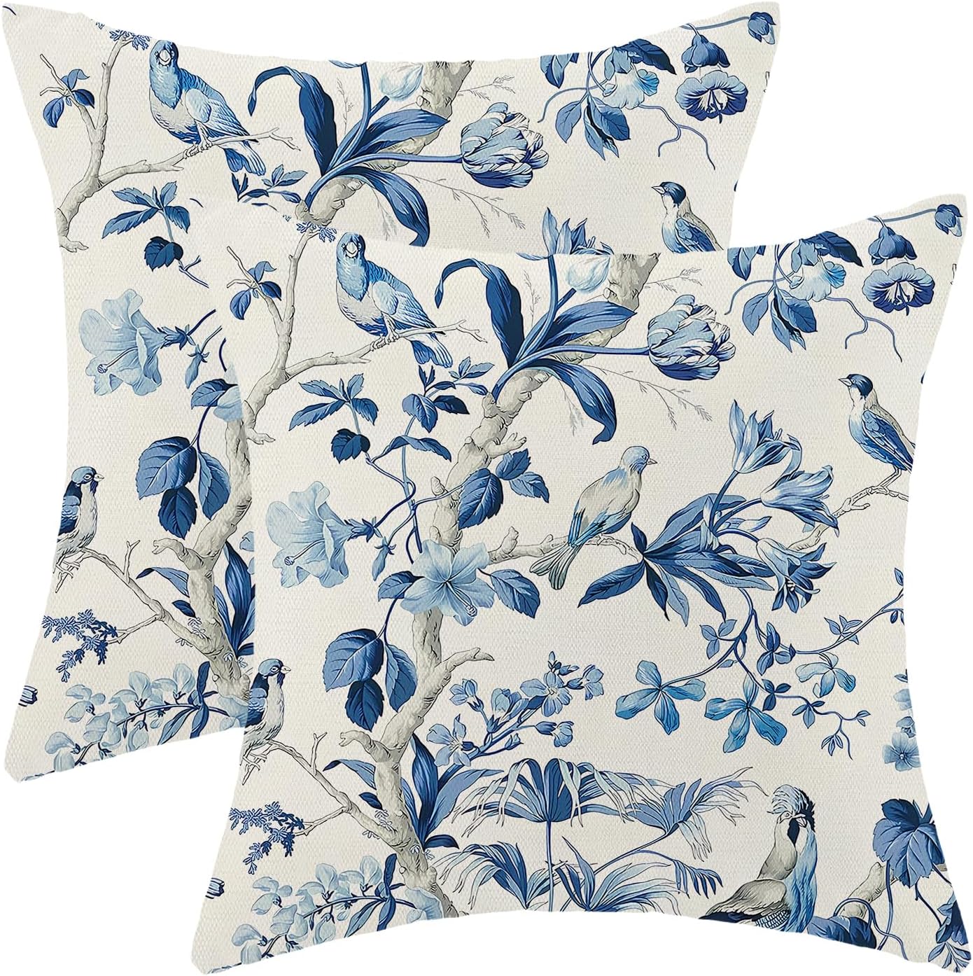 CXMEIFLY Navy Blue Spring Floral Pillow Covers 18 x 18 Inch Set of 2 for Chinoiserie Flowers Bird