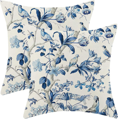 CXMEIFLY Navy Blue Spring Floral Pillow Covers 18 x 18 Inch Set of 2 for Chinoiserie Flowers Bird