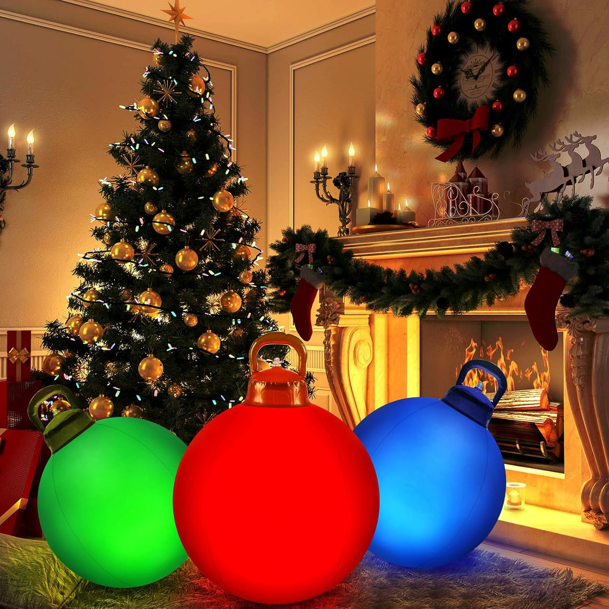 Jetec 3 Pcs Outdoor Light Up Christmas Ball Decorations Large Christmas Inflatable PVC Decorated
