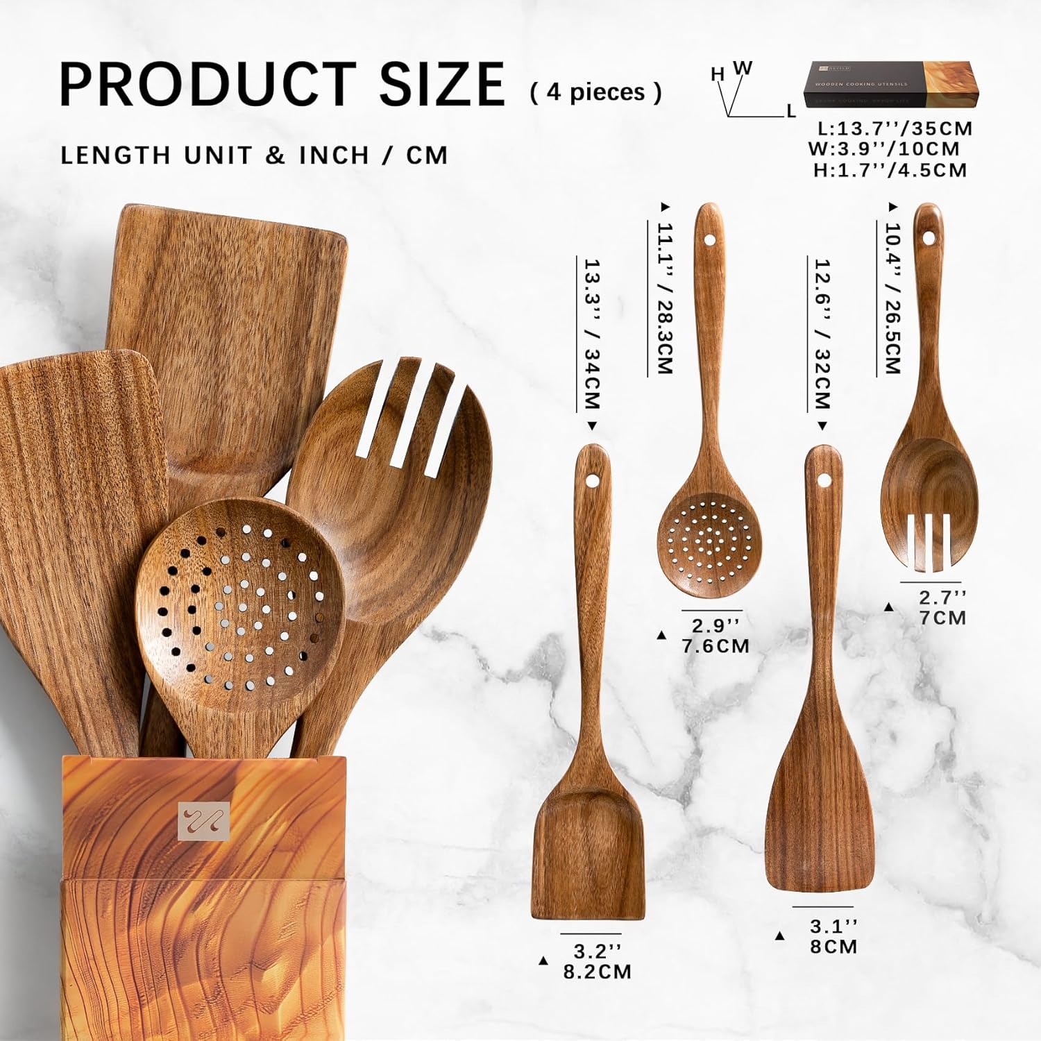 Wooden Spoons for Cooking, Nonstick Cooking Utensil Set with 4 Piece Acacia Wooden Spatulas and
