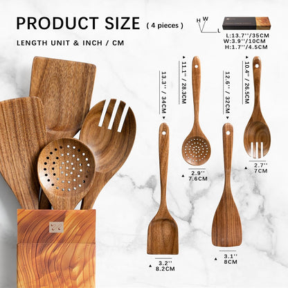 Wooden Spoons for Cooking, Nonstick Cooking Utensil Set with 4 Piece Acacia Wooden Spatulas and
