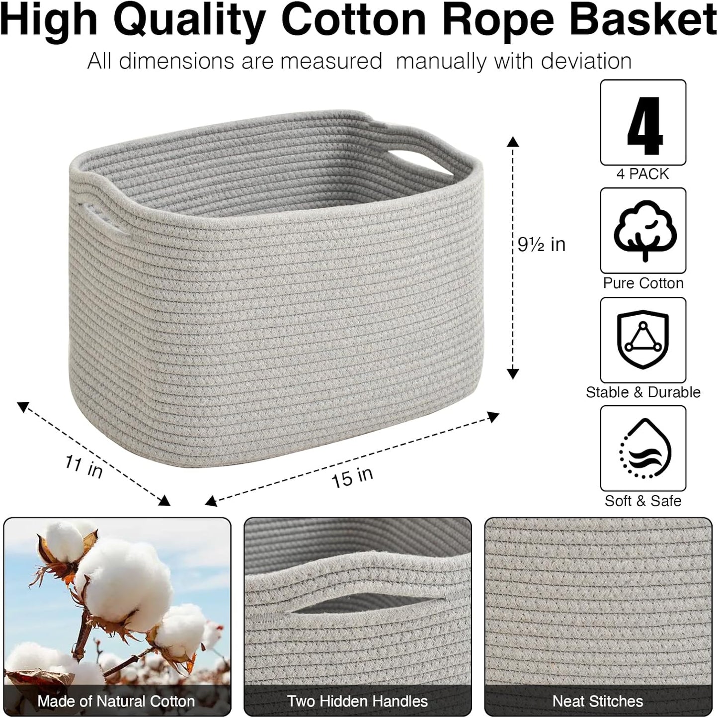 Storage Baskets for Organizing & Shelves, Woven Cotton Rope Organization Bins for Dog Toys