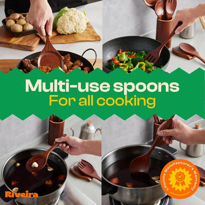 Riveira Set of 9 Premium Brown Bamboo Cooking Utensils - Bamboo Utensils for Cooking - Non-Toxic