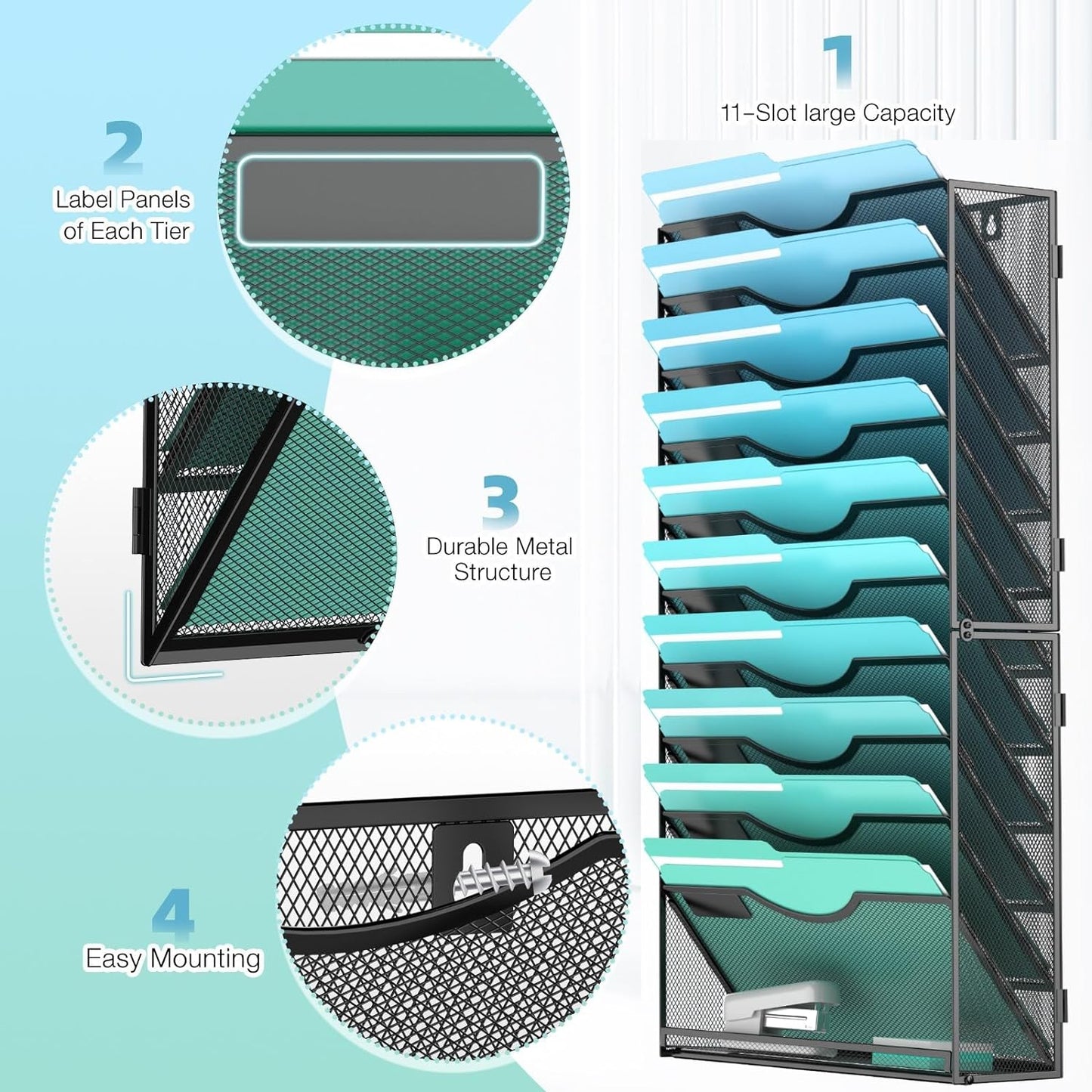 11-Tier Wall File Organizer Hanging Wall File Holder Wall Mount Paper Folder Organize, Mesh
