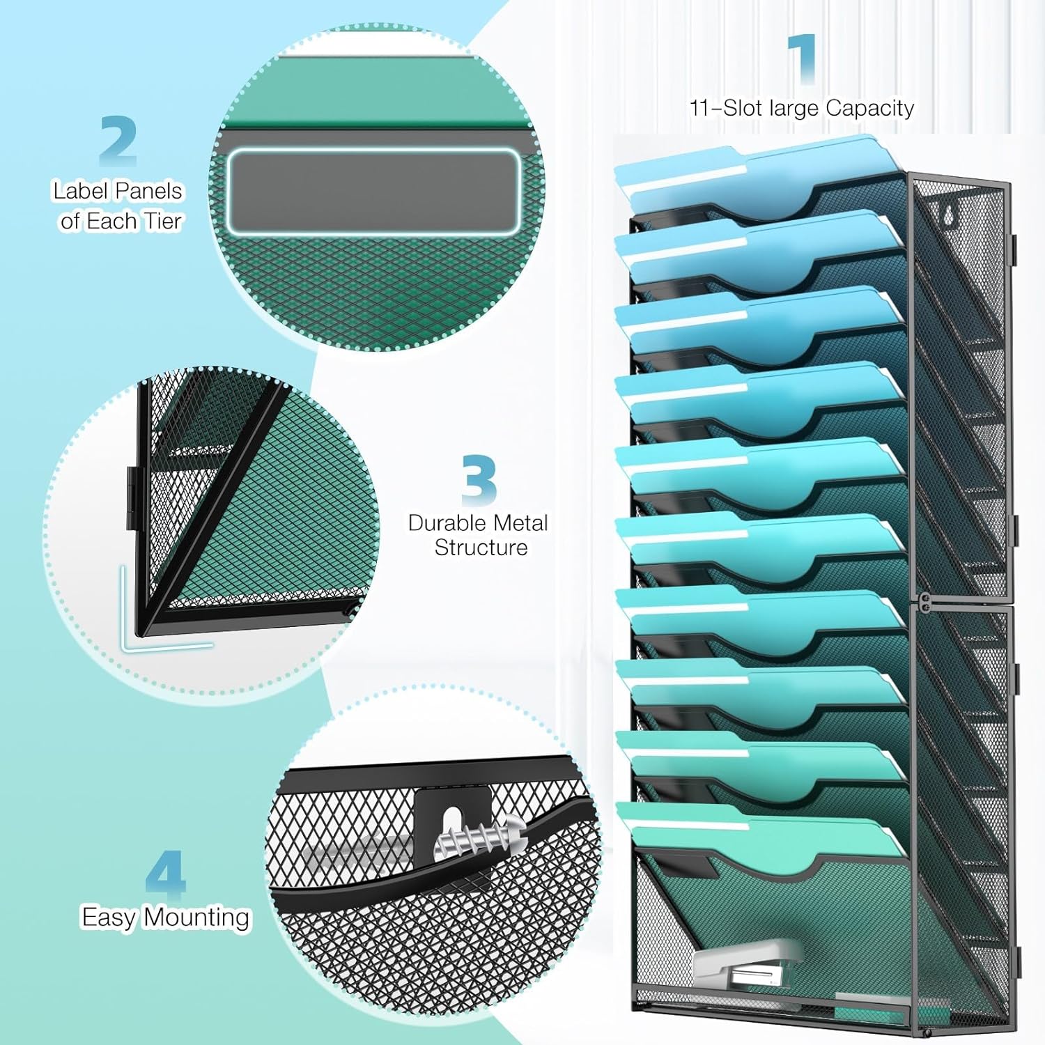 11-Tier Wall File Organizer Hanging Wall File Holder Wall Mount Paper Folder Organize, Mesh