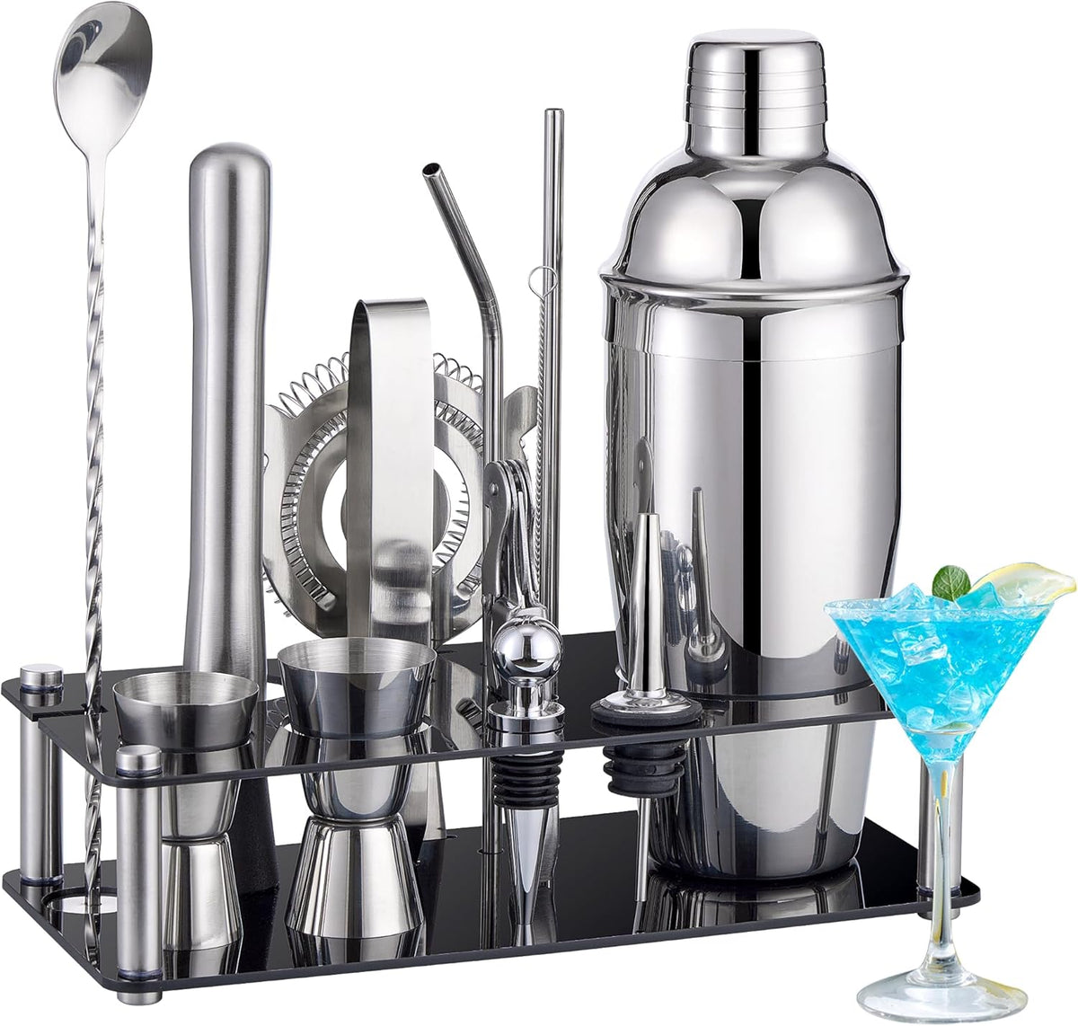 Cocktail Shaker Set Bartender Kit : 15-Piece Stainless Steel Bartender Kit with Acrylic Stand Bars