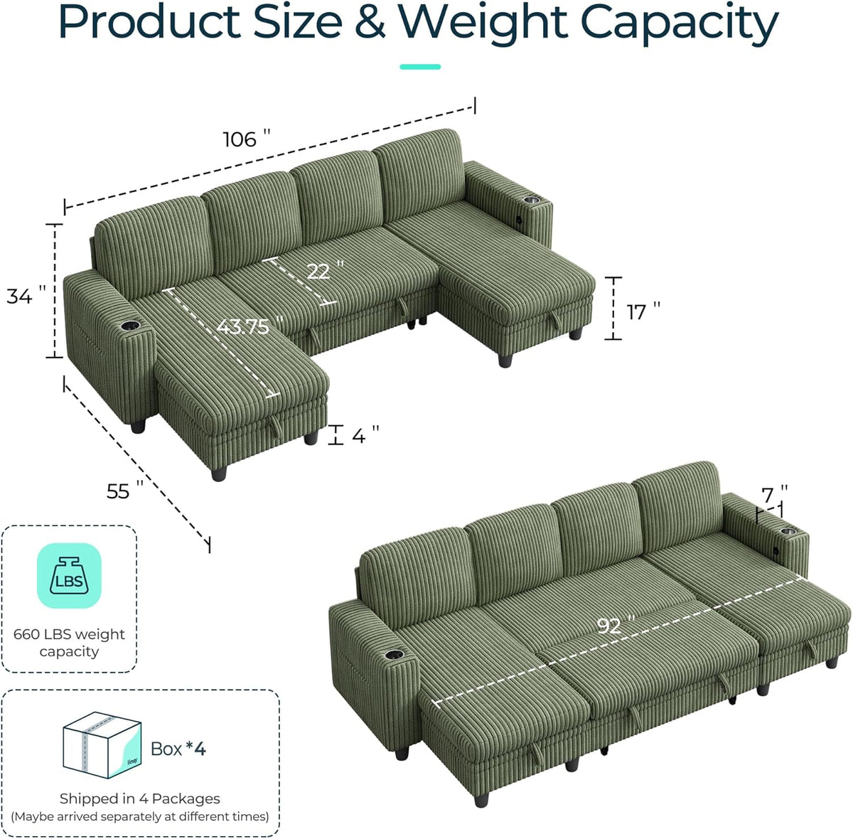 LINSY HOME Sectional Sleeper Sofa with Pull Out Couch Bed - Convertible Plush Corduroy Cloud Couch