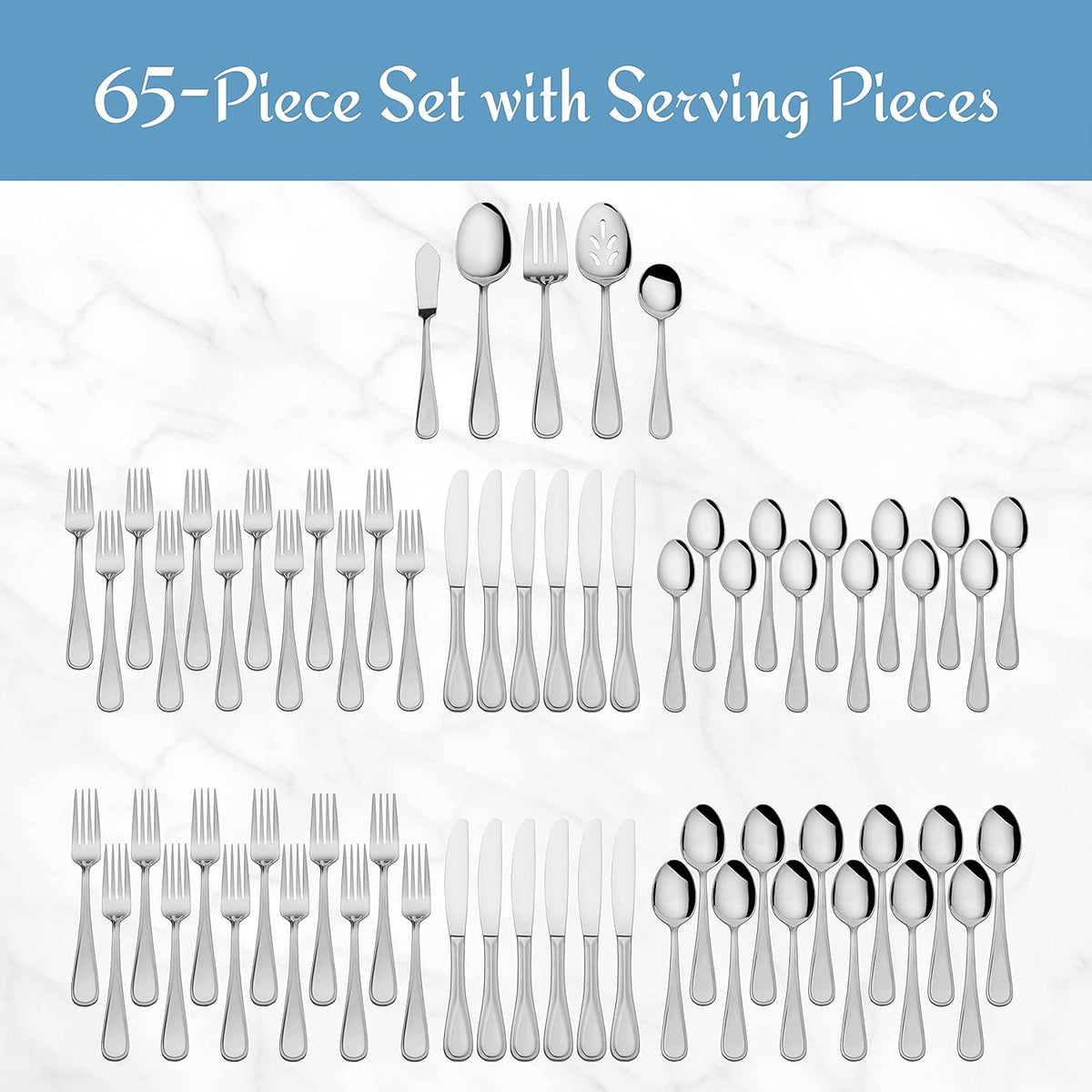Mikasa Bravo 65-Piece Flatware Set for 12, 18/10 Stainless Steel Silverware with Full Service