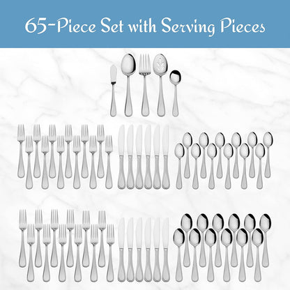 Mikasa Bravo 65-Piece Flatware Set for 12, 18/10 Stainless Steel Silverware with Full Service