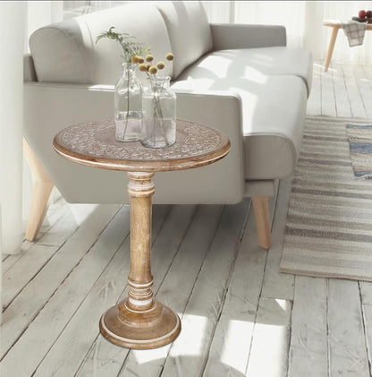 Lightnpro Carved Round End Table with Single Pillar - Handcrafted Accent Bedside Nightstand Side