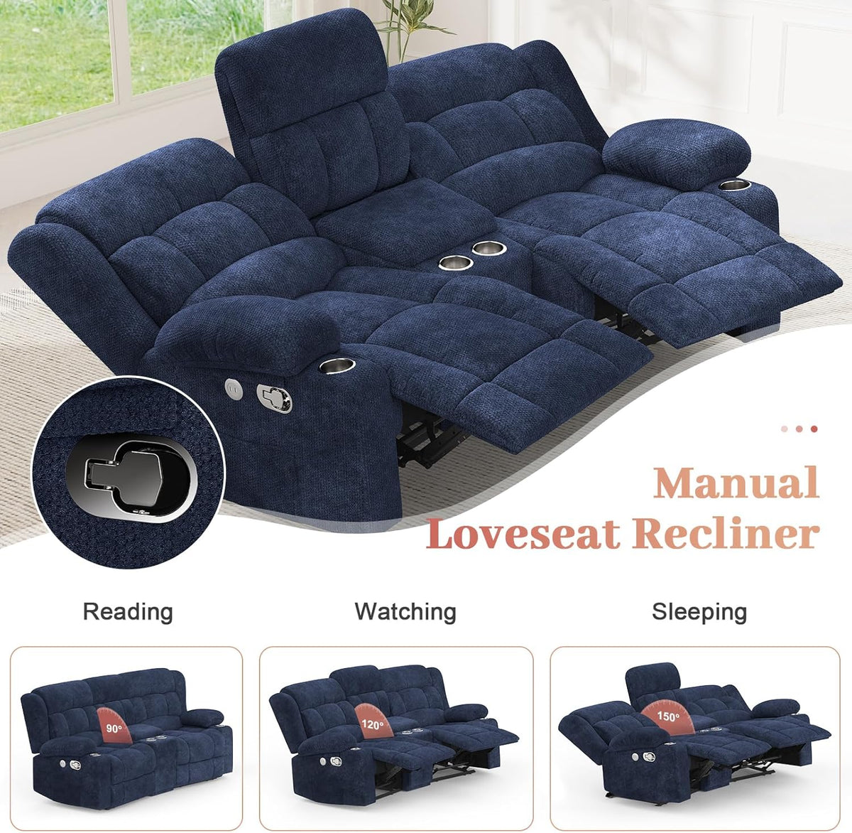 Recliner Sofa Set with 2+1+1 Pieces, Fabric Manual Pull Tab Reclining Loveseat with Storage