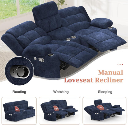 Recliner Sofa Set with 2+1+1 Pieces, Fabric Manual Pull Tab Reclining Loveseat with Storage