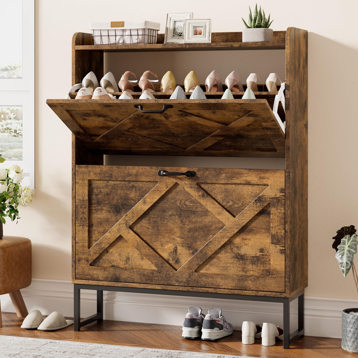 Nicetree Shoe Storage Cabinet with 2 Flip Drawers, Freestanding Wood Shoe Organizer with Metal