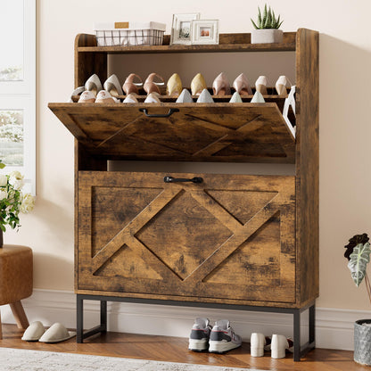 Nicetree Shoe Storage Cabinet with 2 Flip Drawers, Freestanding Wood Shoe Organizer with Metal