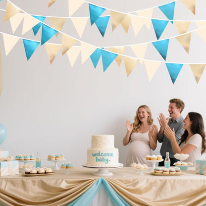 Champagne Gold Sky Blue Beige Decorations Metallic Fabric Triangle Pennant Banner Bunting Flag