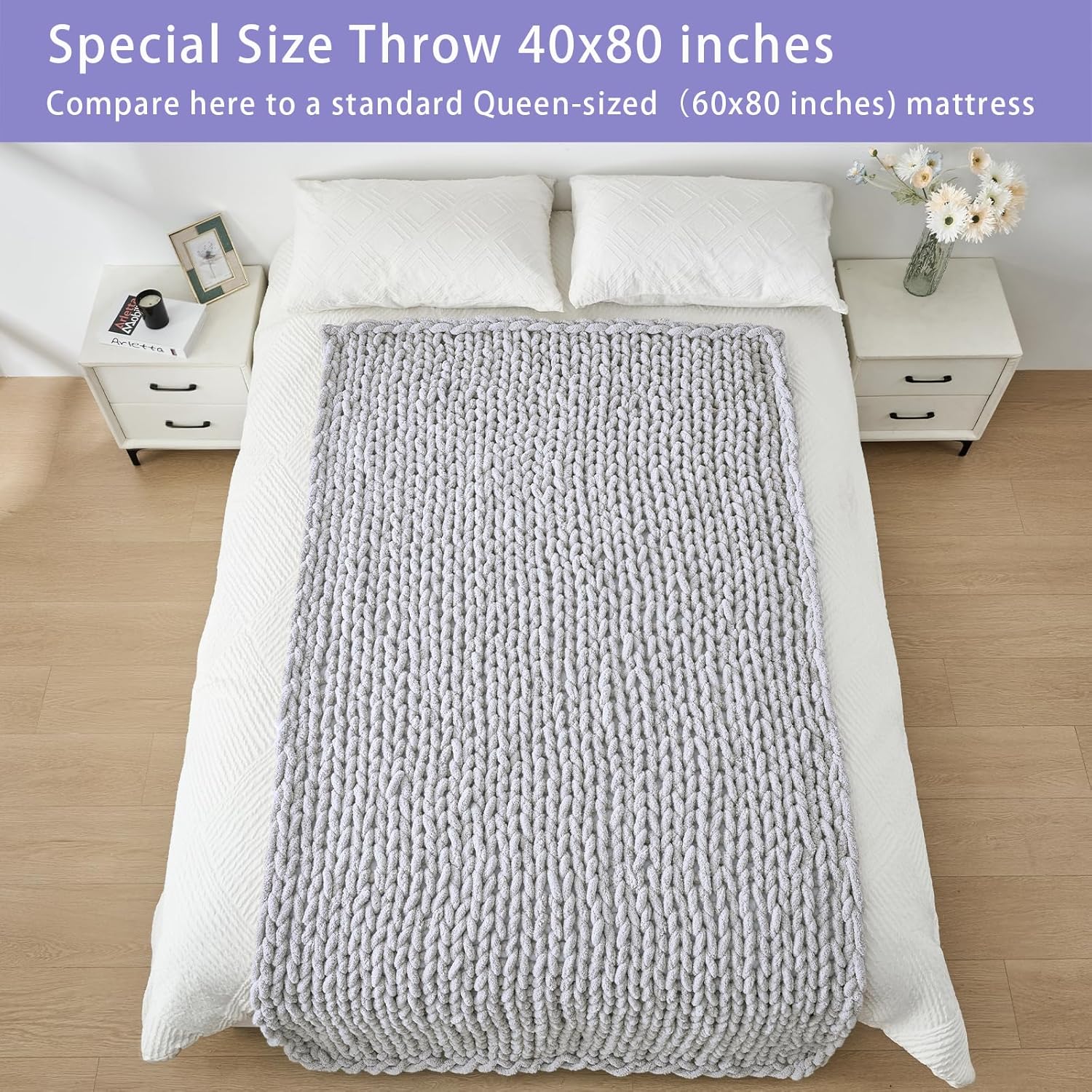 Bigacogo Chunky Knit Throw Blanket for Couch, 40x80 inches, 100% Hand Knitted with Thick Jumbo
